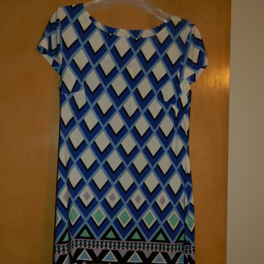 JESSICA HOWARD SCOOP NECK GEOMETRIC PULL OVER SHEATH DRESS SIZE - SMALL